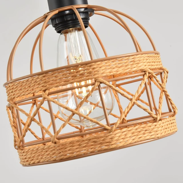 Alt view image 3 of 7 - Woven Pendant Light Boho Chandelier, Rattan Pendant Lights Kitchen Island, Farmhouse Pendant Lighting with Hand Woven Wicker Shade, Boho Chandelier Light Fixtures Ceiling Hanging Light