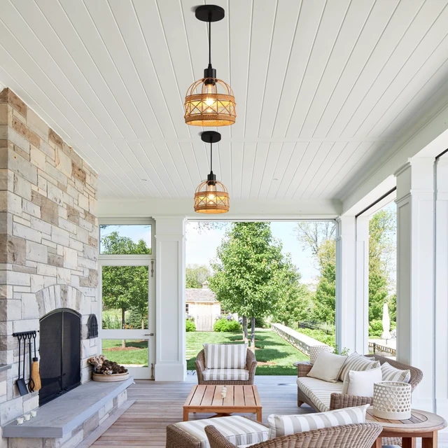 Alt view image 5 of 7 - Woven Pendant Light Boho Chandelier, Rattan Pendant Lights Kitchen Island, Farmhouse Pendant Lighting with Hand Woven Wicker Shade, Boho Chandelier Light Fixtures Ceiling Hanging Light