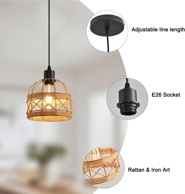 Alt view image 7 of 7 - Woven Pendant Light Boho Chandelier, Rattan Pendant Lights Kitchen Island, Farmhouse Pendant Lighting with Hand Woven Wicker Shade, Boho Chandelier Light Fixtures Ceiling Hanging Light