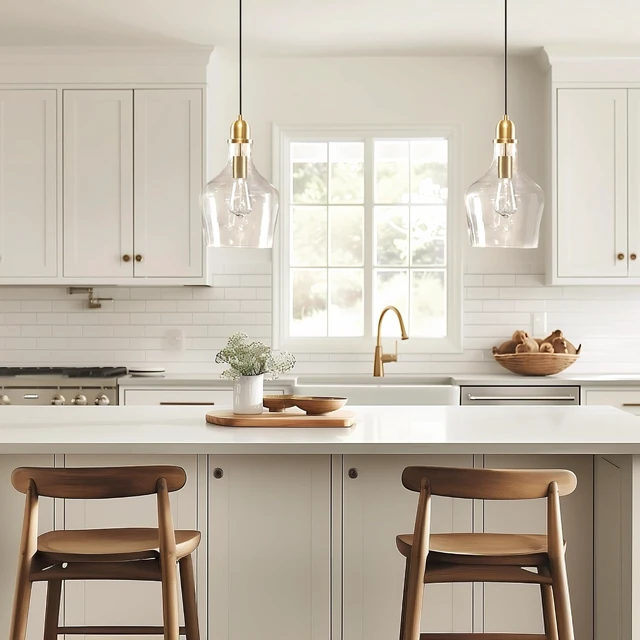 Alt view image 2 of 7 - INK+IVY Auburn Pendant Lighting for Dining Room, Industrial Kitchen Lights, Hand-blown Glass Bell Shaped Pendant Light for Kitchen Island, Foyer, Bedroom, 9" Dia x 95.5" H, Gold/Clear
