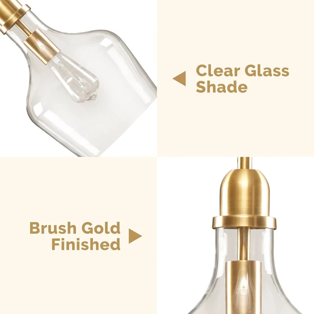 Alt view image 4 of 7 - INK+IVY Auburn Pendant Lighting for Dining Room, Industrial Kitchen Lights, Hand-blown Glass Bell Shaped Pendant Light for Kitchen Island, Foyer, Bedroom, 9" Dia x 95.5" H, Gold/Clear