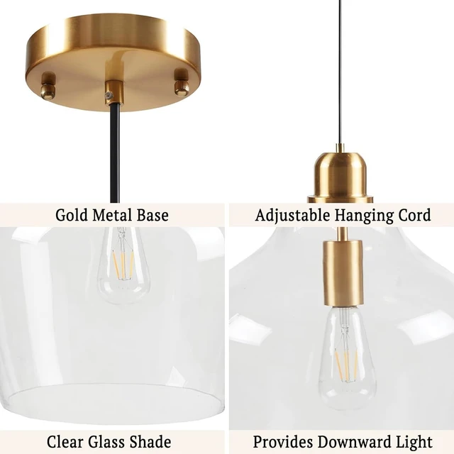 Alt view image 7 of 7 - INK+IVY Auburn Pendant Lighting for Dining Room, Industrial Kitchen Lights, Hand-blown Glass Bell Shaped Pendant Light for Kitchen Island, Foyer, Bedroom, 9" Dia x 95.5" H, Gold/Clear
