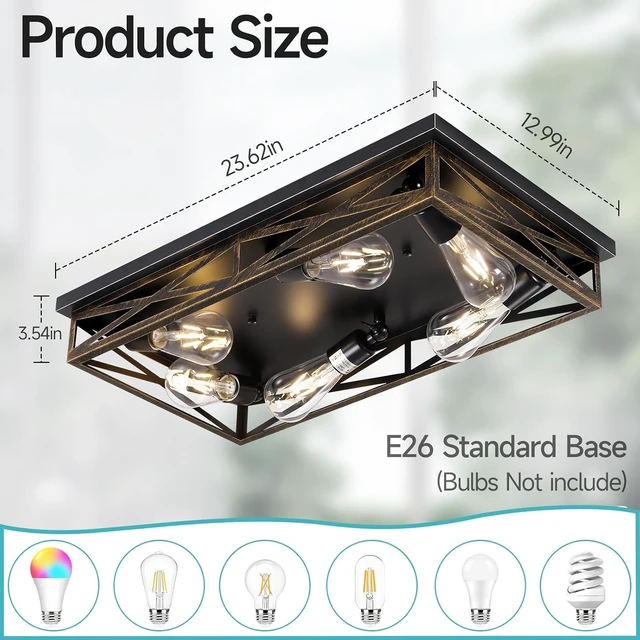 Alt view image 3 of 7 - Farmhouse Rustic Ceiling Light for Kitchen, 6-Light Hallway Flush Mount Light Fixtures Ceiling Mount,23" Industrial Metal Cage Ceiling Light for Farmhouse,Kitchen,Hallway E26 Base(1 Pack)