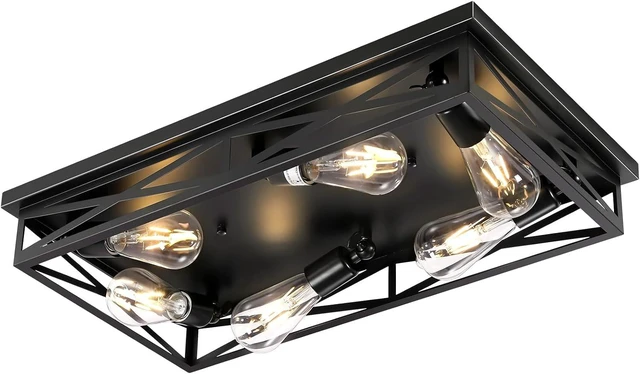 Main image of Flush Mount Ceiling Light Fixture,6-Light Black Farmhouse Flush Mount Light Fixture Kitchen Lights, 23" Metal Cage Closed to Ceiling Mounted Lights for Kitchen Hallway Entryway E26 Base