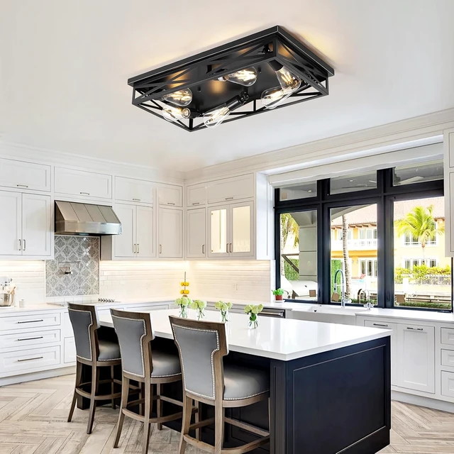 Alt view image 2 of 7 - Flush Mount Ceiling Light Fixture,6-Light Black Farmhouse Flush Mount Light Fixture Kitchen Lights, 23" Metal Cage Closed to Ceiling Mounted Lights for Kitchen Hallway Entryway E26 Base
