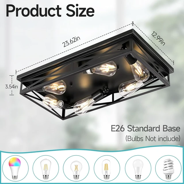 Alt view image 3 of 7 - Flush Mount Ceiling Light Fixture,6-Light Black Farmhouse Flush Mount Light Fixture Kitchen Lights, 23" Metal Cage Closed to Ceiling Mounted Lights for Kitchen Hallway Entryway E26 Base