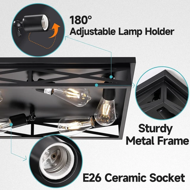 Alt view image 4 of 7 - Flush Mount Ceiling Light Fixture,6-Light Black Farmhouse Flush Mount Light Fixture Kitchen Lights, 23" Metal Cage Closed to Ceiling Mounted Lights for Kitchen Hallway Entryway E26 Base