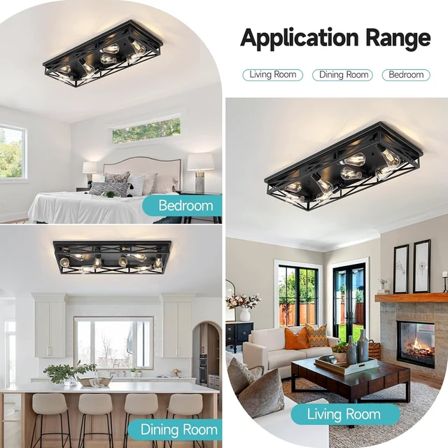 Alt view image 7 of 7 - Flush Mount Ceiling Light Fixture,6-Light Black Farmhouse Flush Mount Light Fixture Kitchen Lights, 23" Metal Cage Closed to Ceiling Mounted Lights for Kitchen Hallway Entryway E26 Base