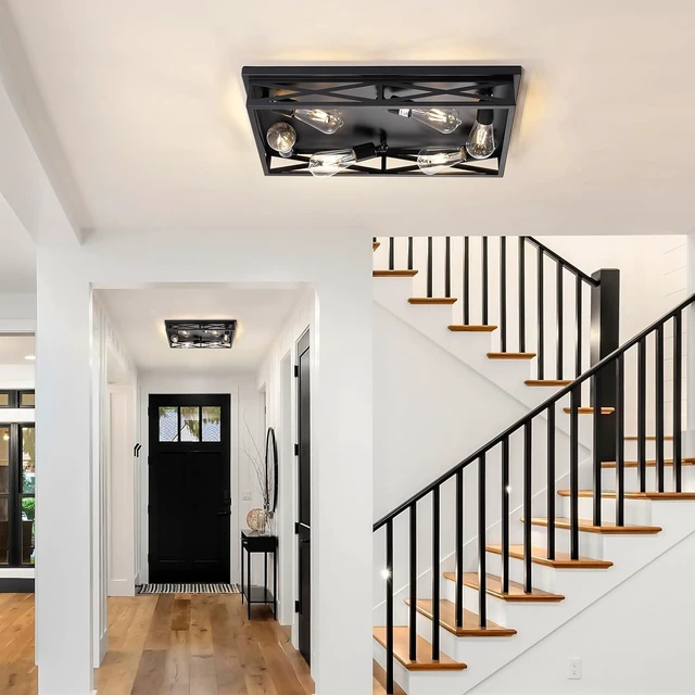 Alt view image 6 of 7 - Flush Mount Ceiling Light Fixture,6-Light Black Farmhouse Flush Mount Light Fixture Kitchen Lights, 23" Metal Cage Closed to Ceiling Mounted Lights for Kitchen Hallway Entryway E26 Base