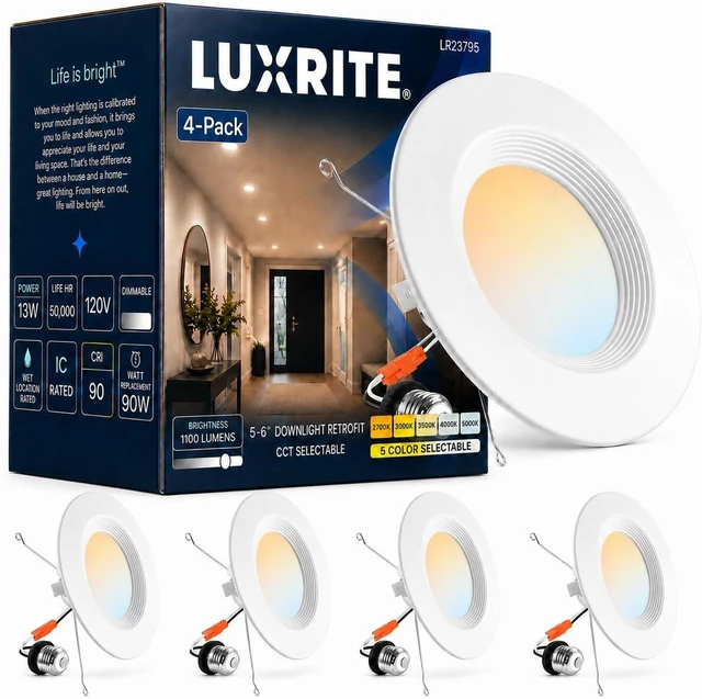 Main image of LUXRITE 5/6 Inch LED Recessed Retrofit Downlight, Baffle Trim (4 Pack)