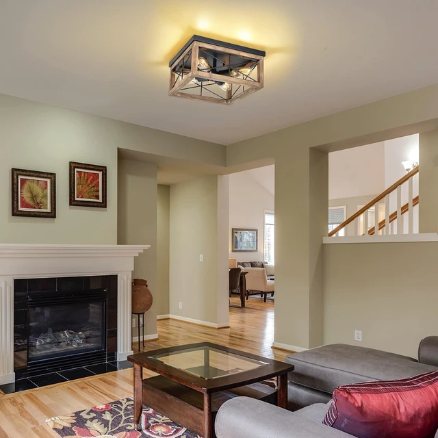 Alt view image 2 of 7 - eyassi Wooden Flush Mount Ceiling Lights, 4-Light Farmhouse Close to Ceiling Lighting Fixtures Black Ceiling Lamp for Kitchen Island Living Room Bedroom Hallway Laundry Entryway