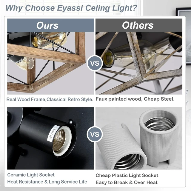 Alt view image 3 of 7 - eyassi Wooden Flush Mount Ceiling Lights, 4-Light Farmhouse Close to Ceiling Lighting Fixtures Black Ceiling Lamp for Kitchen Island Living Room Bedroom Hallway Laundry Entryway