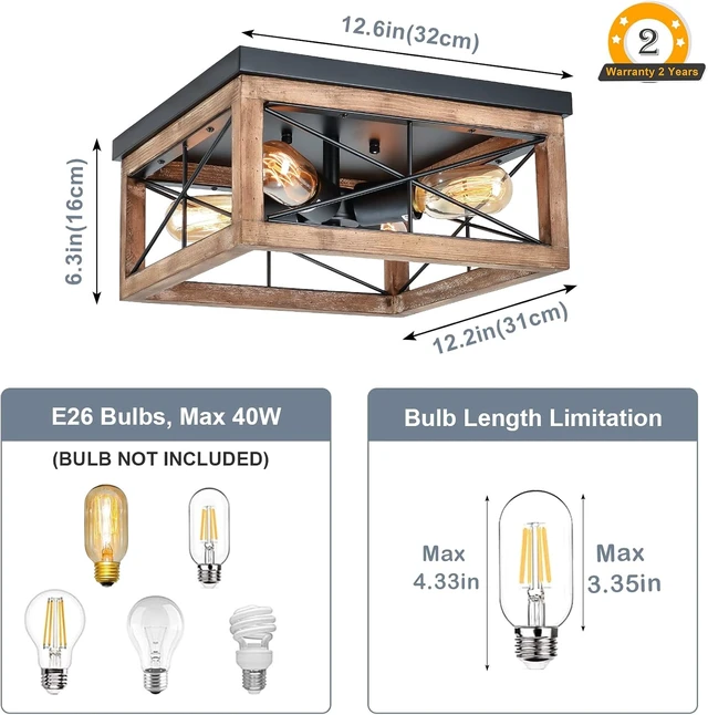 Alt view image 5 of 7 - eyassi Wooden Flush Mount Ceiling Lights, 4-Light Farmhouse Close to Ceiling Lighting Fixtures Black Ceiling Lamp for Kitchen Island Living Room Bedroom Hallway Laundry Entryway