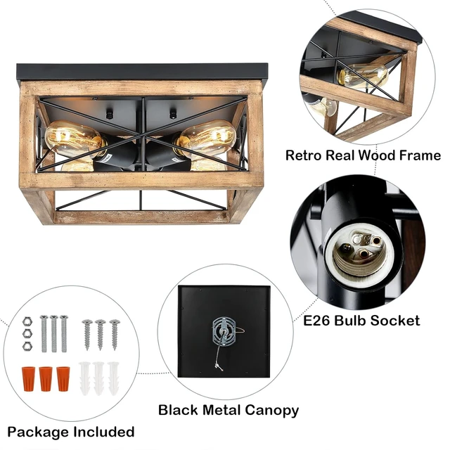 Alt view image 6 of 7 - eyassi Wooden Flush Mount Ceiling Lights, 4-Light Farmhouse Close to Ceiling Lighting Fixtures Black Ceiling Lamp for Kitchen Island Living Room Bedroom Hallway Laundry Entryway