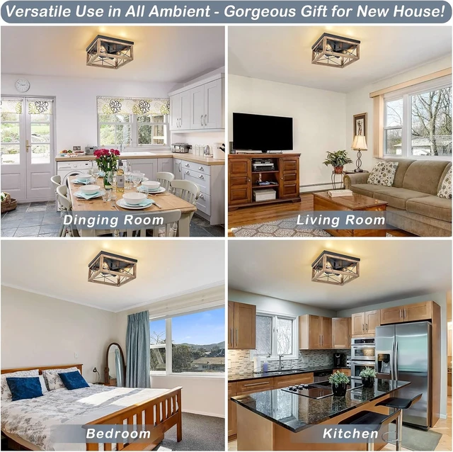 Alt view image 7 of 7 - eyassi Wooden Flush Mount Ceiling Lights, 4-Light Farmhouse Close to Ceiling Lighting Fixtures Black Ceiling Lamp for Kitchen Island Living Room Bedroom Hallway Laundry Entryway