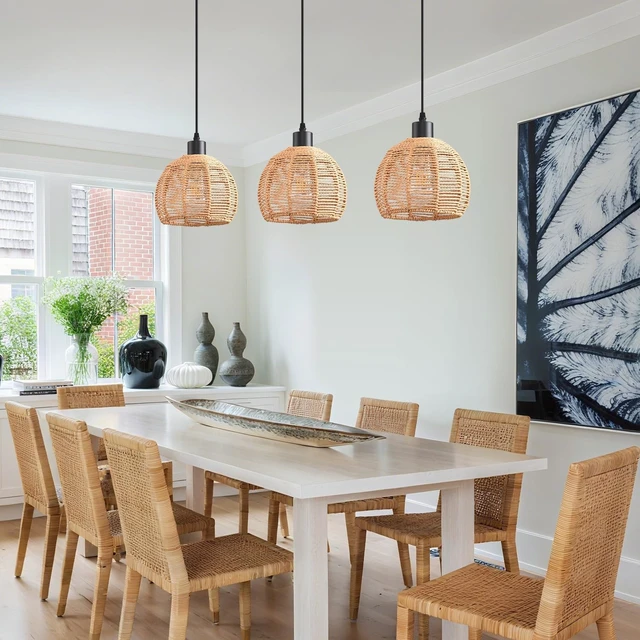 Alt view image 2 of 7 - Woven Pendant Light Boho Chandelier, Rattan Pendant Lights Kitchen Island, Farmhouse Pendant Lighting with Hand Woven Wicker Shade, Boho Chandelier Light Fixtures Ceiling Hanging Light
