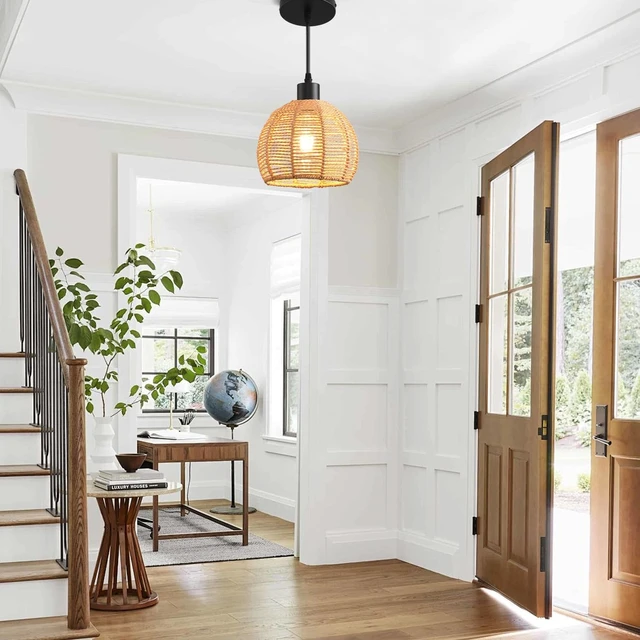 Alt view image 4 of 7 - Woven Pendant Light Boho Chandelier, Rattan Pendant Lights Kitchen Island, Farmhouse Pendant Lighting with Hand Woven Wicker Shade, Boho Chandelier Light Fixtures Ceiling Hanging Light