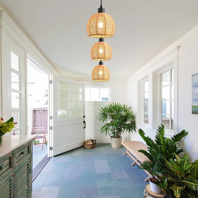 Alt view image 5 of 7 - Woven Pendant Light Boho Chandelier, Rattan Pendant Lights Kitchen Island, Farmhouse Pendant Lighting with Hand Woven Wicker Shade, Boho Chandelier Light Fixtures Ceiling Hanging Light