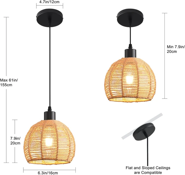 Alt view image 6 of 7 - Woven Pendant Light Boho Chandelier, Rattan Pendant Lights Kitchen Island, Farmhouse Pendant Lighting with Hand Woven Wicker Shade, Boho Chandelier Light Fixtures Ceiling Hanging Light