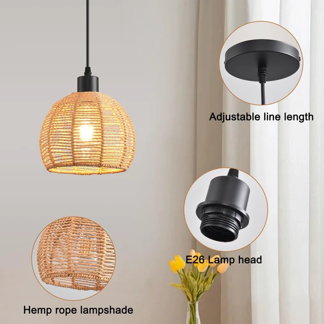 Alt view image 7 of 7 - Woven Pendant Light Boho Chandelier, Rattan Pendant Lights Kitchen Island, Farmhouse Pendant Lighting with Hand Woven Wicker Shade, Boho Chandelier Light Fixtures Ceiling Hanging Light