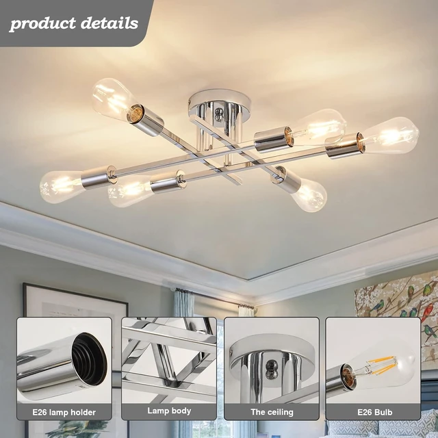 Alt view image 3 of 7 - ZGLAOJT 6-Lights Semi Flush Mount Ceiling Light FixtureChrome Industrial ChandelierFarmhouse Lighting for Dining Room Living Room Kitchen Bedroom