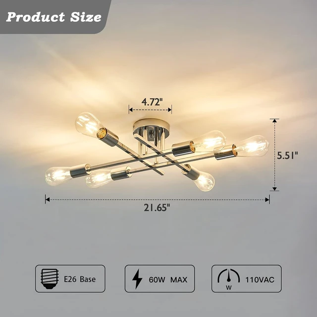 Alt view image 2 of 7 - ZGLAOJT 6-Lights Semi Flush Mount Ceiling Light FixtureChrome Industrial ChandelierFarmhouse Lighting for Dining Room Living Room Kitchen Bedroom