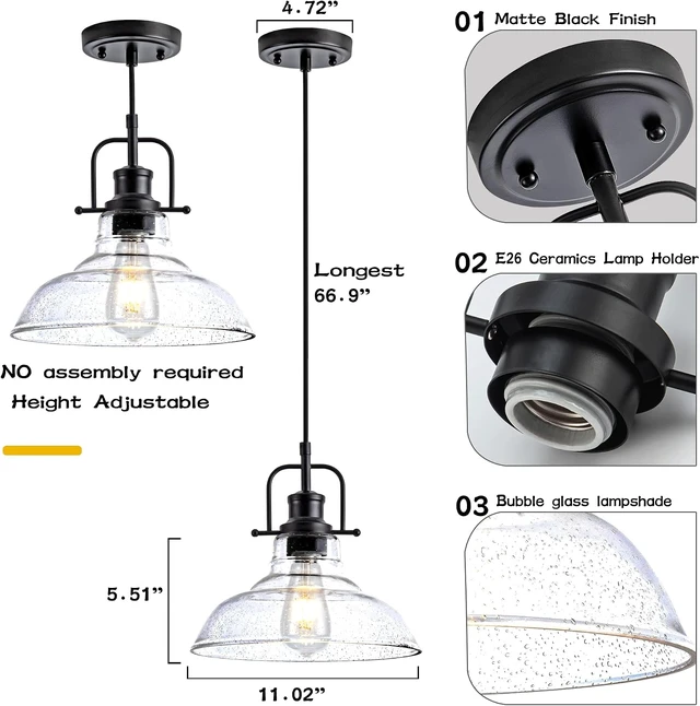Alt view image 4 of 7 - Zlepmlla Glass Pendant Light, Black Famrhouse Pendant Light Fixture