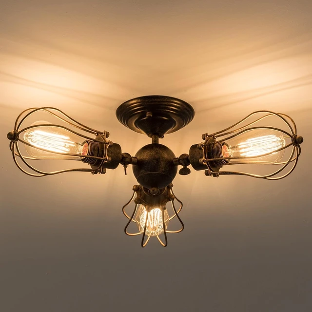 Alt view image 2 of 7 - Vintage Ceiling Light Industrial Rotatable Semi-Flush Mount Ceiling Light Metal Lamp Fixtures Painted Finish (with 3 Light) (Bronze)