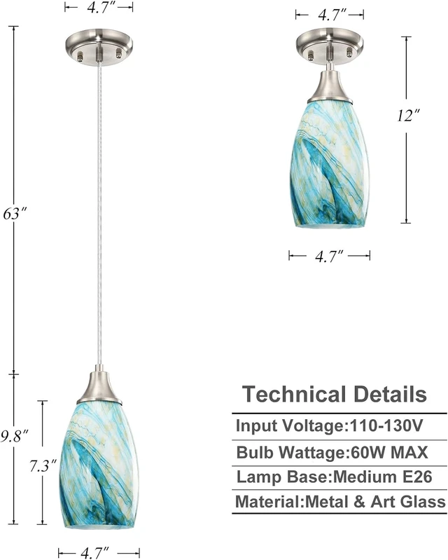 Alt view image 3 of 7 - Art Glass Mini Pendant Lights for Kitchen Island Blown Art Glass Pendant Light Shade hanging ceiling lights with Brushed Nickel Finish for Kitchen Counter bar,Dining Room Blue Mixing Yellow-1P