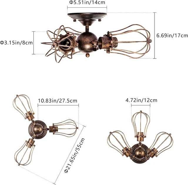 Alt view image 6 of 7 - Vintage Ceiling Light Industrial Rotatable Semi-Flush Mount Ceiling Light Metal Lamp Fixtures Painted Finish (with 3 Light) (Bronze)