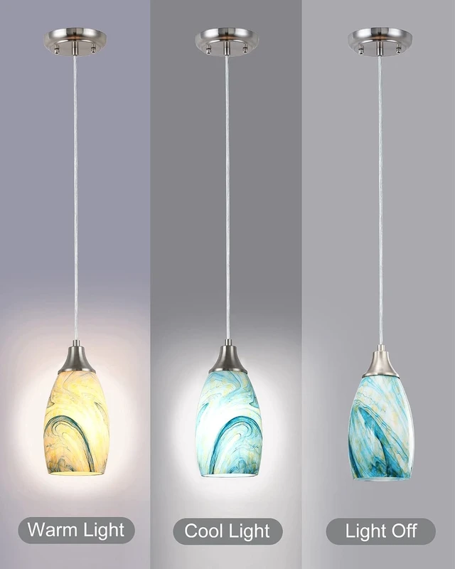 Alt view image 4 of 7 - Art Glass Mini Pendant Lights for Kitchen Island Blown Art Glass Pendant Light Shade hanging ceiling lights with Brushed Nickel Finish for Kitchen Counter bar,Dining Room Blue Mixing Yellow-1P