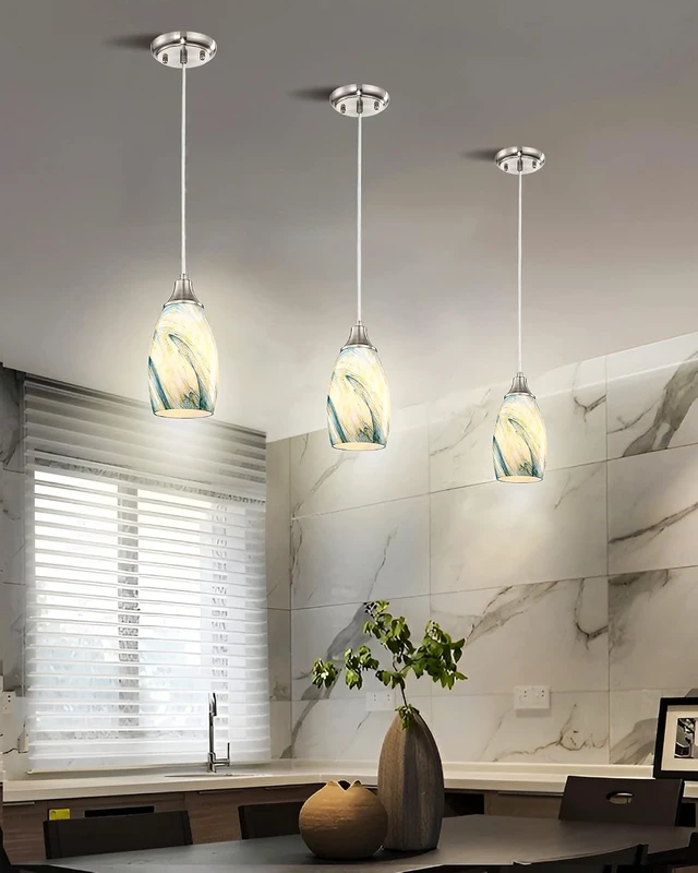 Alt view image 5 of 7 - Art Glass Mini Pendant Lights for Kitchen Island Blown Art Glass Pendant Light Shade hanging ceiling lights with Brushed Nickel Finish for Kitchen Counter bar,Dining Room Blue Mixing Yellow-1P