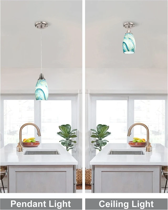 Alt view image 6 of 7 - Art Glass Mini Pendant Lights for Kitchen Island Blown Art Glass Pendant Light Shade hanging ceiling lights with Brushed Nickel Finish for Kitchen Counter bar,Dining Room Blue Mixing Yellow-1P