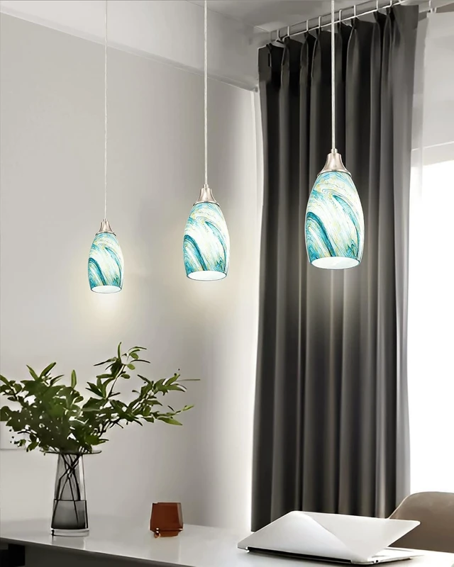 Alt view image 7 of 7 - Art Glass Mini Pendant Lights for Kitchen Island Blown Art Glass Pendant Light Shade hanging ceiling lights with Brushed Nickel Finish for Kitchen Counter bar,Dining Room Blue Mixing Yellow-1P