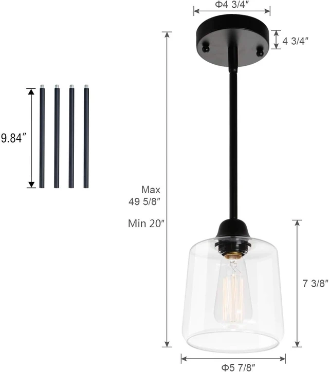 Alt view image 5 of 7 - VILUXY Vintage Glass Pendant Light, Single Hanging Pendant Lighting, Black with Clear Glass Shade Classic for Farmhouse, Entryway, Dining Room, Kitchen Island, Foyer