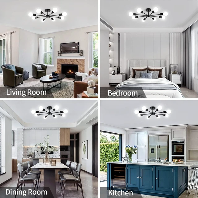 Alt view image 2 of 7 - Modern Chandelier for Living Room, Black Semi Flush Mount Ceiling Light