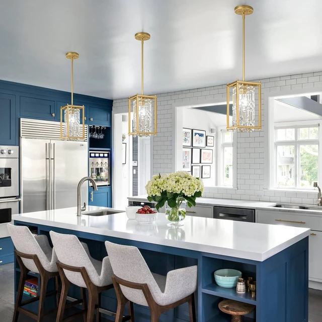 Alt view image 2 of 7 - LMQNINE Modern Gold Pendant Light Fixtures for Kitchen Island, Crystal Chandelier Lights Fixture, Elegant Adjustable Pendant Lighting for Dining Room Bedroom (Square 1-Light)