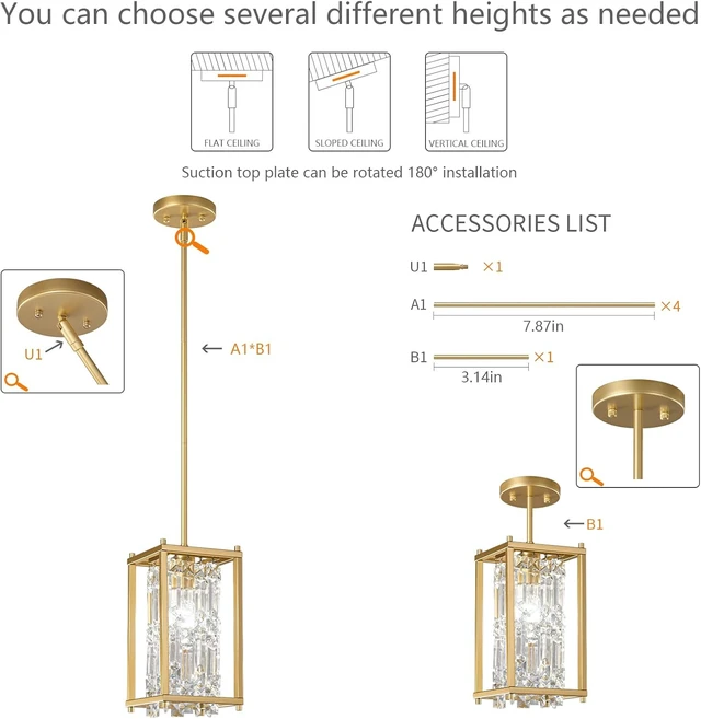 Alt view image 4 of 7 - LMQNINE Modern Gold Pendant Light Fixtures for Kitchen Island, Crystal Chandelier Lights Fixture, Elegant Adjustable Pendant Lighting for Dining Room Bedroom (Square 1-Light)