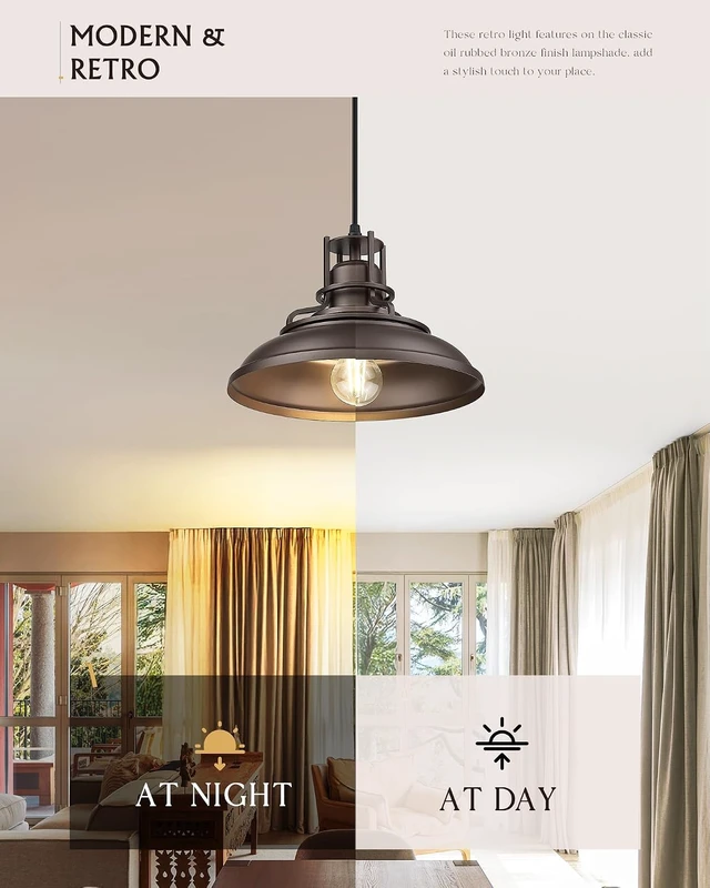 Alt view image 5 of 6 - FEMILA Farmhouse Pendant Light,12" Barn Vintage Hanging Light Fixture for Kitchen Island, Adjustable Height,Oil Rubbed Bronze Finish, 4FY15-MP ORB