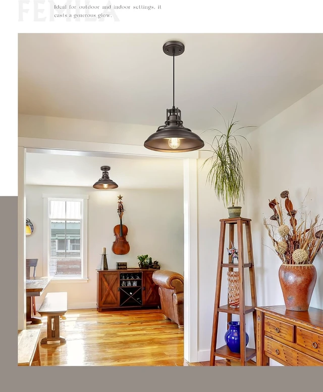 Alt view image 4 of 6 - FEMILA Farmhouse Pendant Light,12" Barn Vintage Hanging Light Fixture for Kitchen Island, Adjustable Height,Oil Rubbed Bronze Finish, 4FY15-MP ORB
