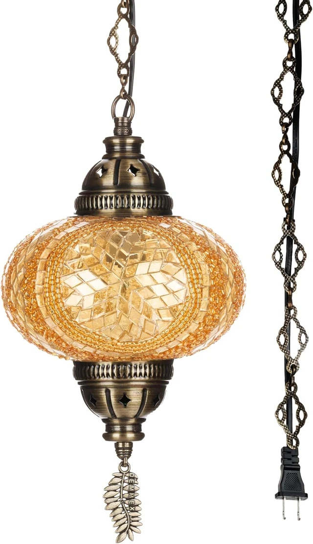 Alt view image 3 of 4 - DEMMEX Authentic Turkish Plug in Pendant Light, 6.5" Big Size Globe, Made in Turkey, Turkish Moroccan Mosaic Ceiling Hanging Pendant Light Fixture Lamp, Swag Plug-in with 15ft Cord and Chain