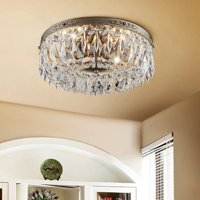 Main image of Bestier Antique Silver French Empire Crystal Semi Flush Mount Chandelier Lighting LED Ceiling Light Fixture Lamp for Dining Room Bathroom Bedroom Livingroom 4 E12 Bulbs Required D14 in X H8 in