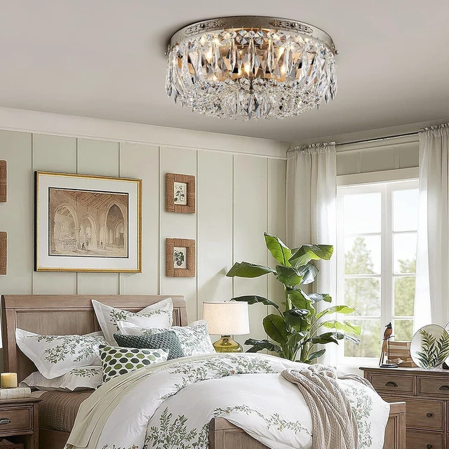 Alt view image 2 of 7 - Bestier Antique Silver French Empire Crystal Semi Flush Mount Chandelier Lighting LED Ceiling Light Fixture Lamp for Dining Room Bathroom Bedroom Livingroom 4 E12 Bulbs Required D14 in X H8 in