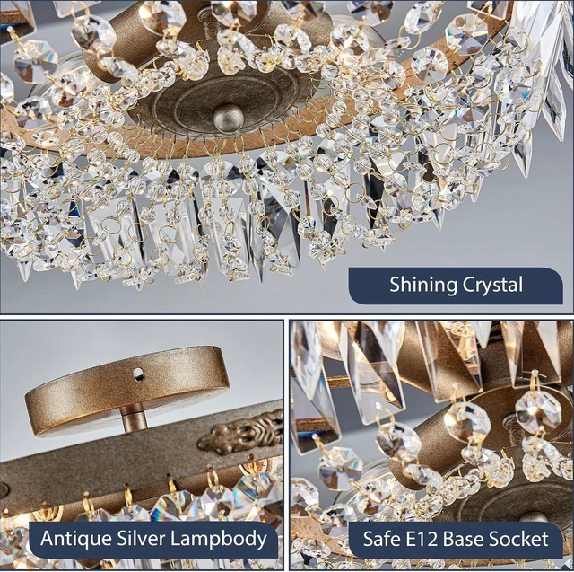 Alt view image 4 of 7 - Bestier Antique Silver French Empire Crystal Semi Flush Mount Chandelier Lighting LED Ceiling Light Fixture Lamp for Dining Room Bathroom Bedroom Livingroom 4 E12 Bulbs Required D14 in X H8 in