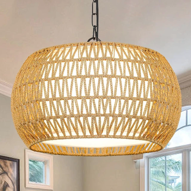 Main image of ZECOXOL Rattan Farmhouse Chandelier Light Fixtures, 5-Lights Boho Large Pendant Light,Hand Woven Chandeliers for Dining Room with Fabric Shade,Rustic Chandeliers (Cydariform, 17.8inch)
