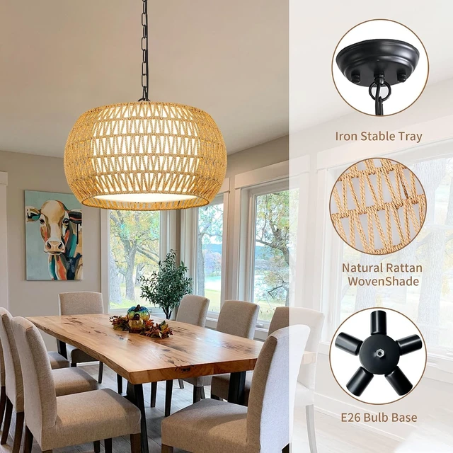 Alt view image 3 of 7 - ZECOXOL Rattan Farmhouse Chandelier Light Fixtures, 5-Lights Boho Large Pendant Light,Hand Woven Chandeliers for Dining Room with Fabric Shade,Rustic Chandeliers (Cydariform, 17.8inch)