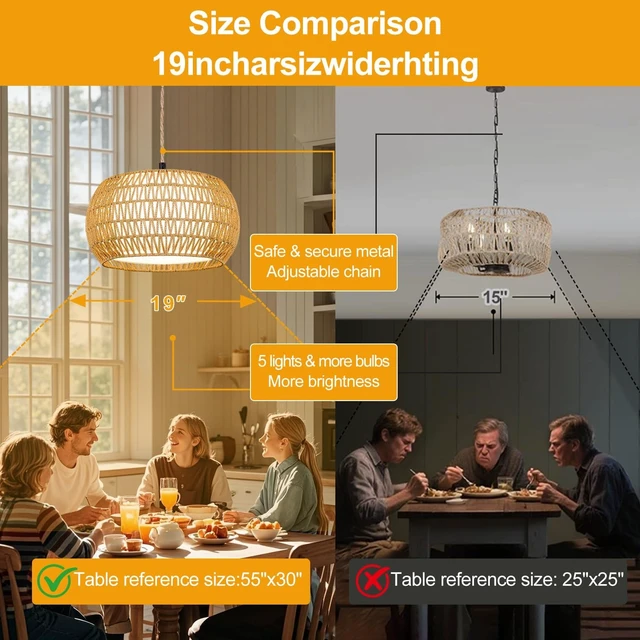 Alt view image 4 of 7 - ZECOXOL Rattan Farmhouse Chandelier Light Fixtures, 5-Lights Boho Large Pendant Light,Hand Woven Chandeliers for Dining Room with Fabric Shade,Rustic Chandeliers (Cydariform, 17.8inch)