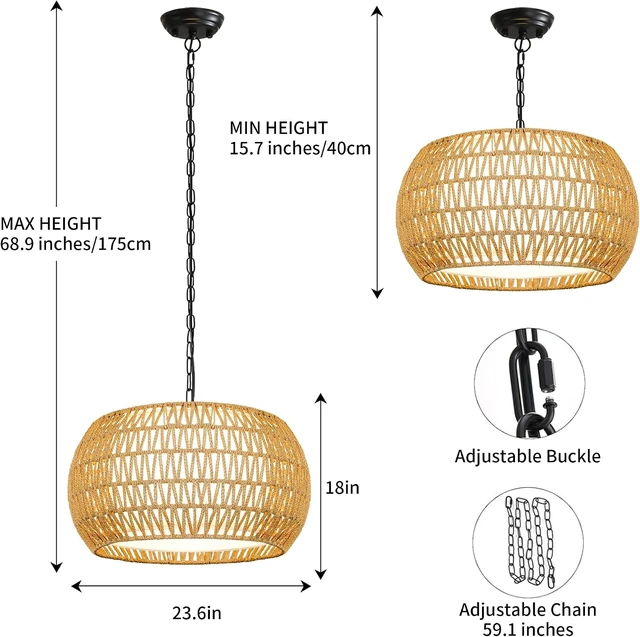 Alt view image 5 of 7 - ZECOXOL Rattan Farmhouse Chandelier Light Fixtures, 5-Lights Boho Large Pendant Light,Hand Woven Chandeliers for Dining Room with Fabric Shade,Rustic Chandeliers (Cydariform, 17.8inch)