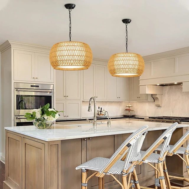 Alt view image 6 of 7 - ZECOXOL Rattan Farmhouse Chandelier Light Fixtures, 5-Lights Boho Large Pendant Light,Hand Woven Chandeliers for Dining Room with Fabric Shade,Rustic Chandeliers (Cydariform, 17.8inch)