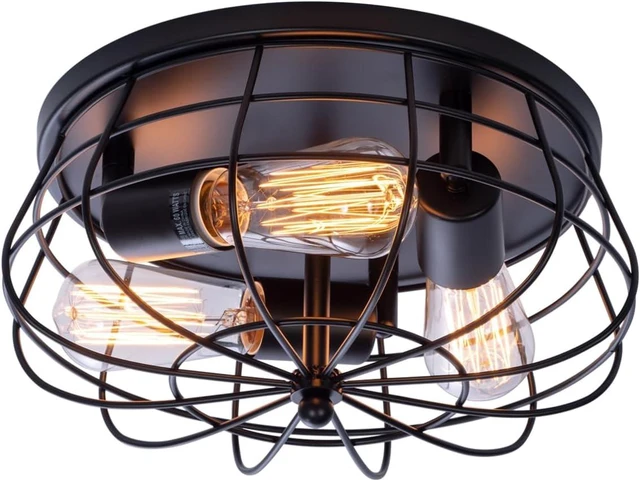 Main image of VILUXY Industrial Black Semi Flush Mount Ceiling Light 3-Light Rustic Ceiling Lamp Fixture with Metal Cage for Kitchen Living Room Dining Room Bedroom Hallway